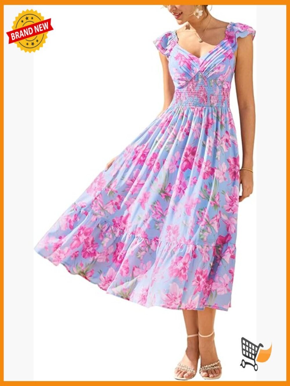 Floral Maxi Dress with Ruffled Sleeves Smocked Back Pockets